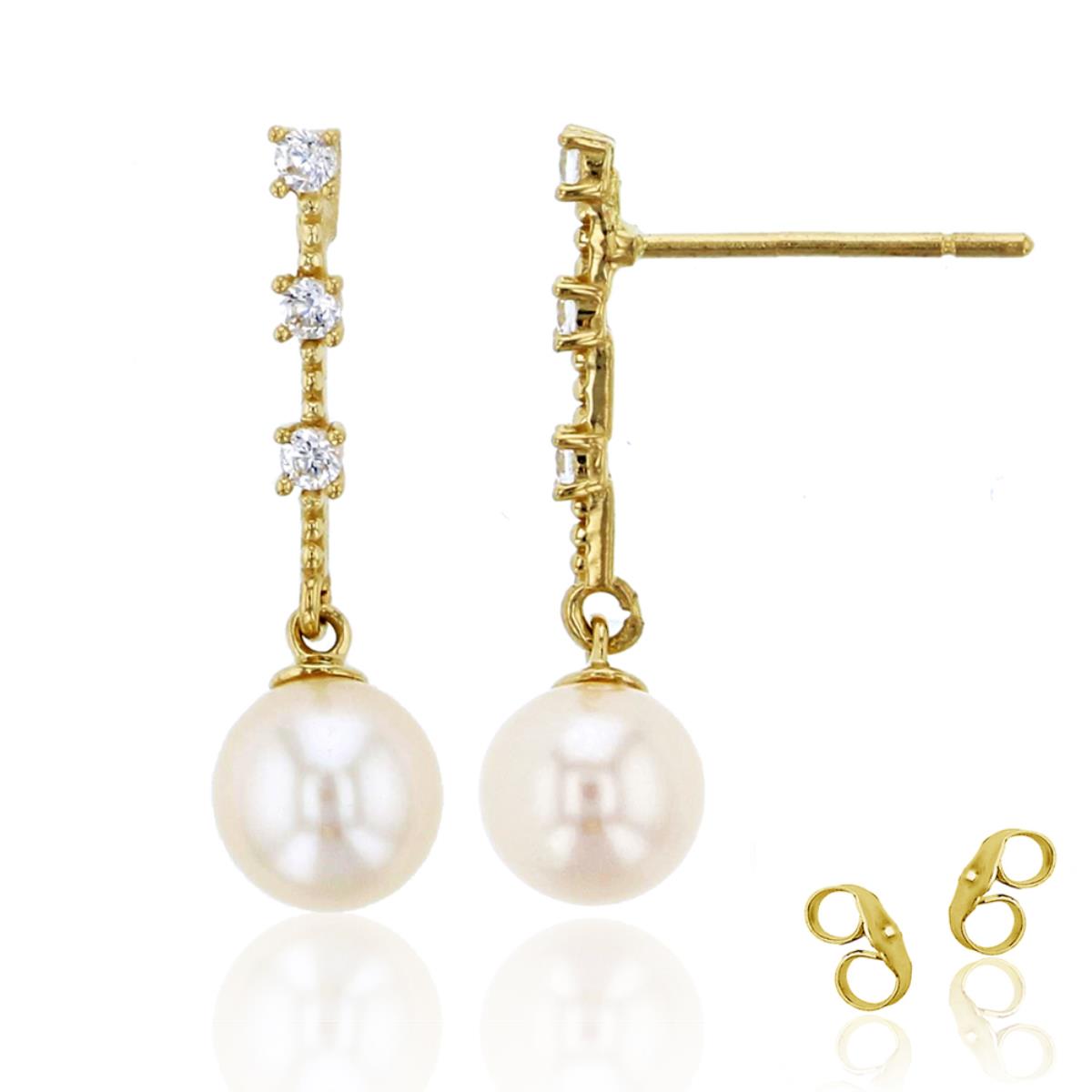 14K Yellow Gold Pave Dangling 5mm Fresh Water Pearl Drop Earring with 4.5mm Clutch