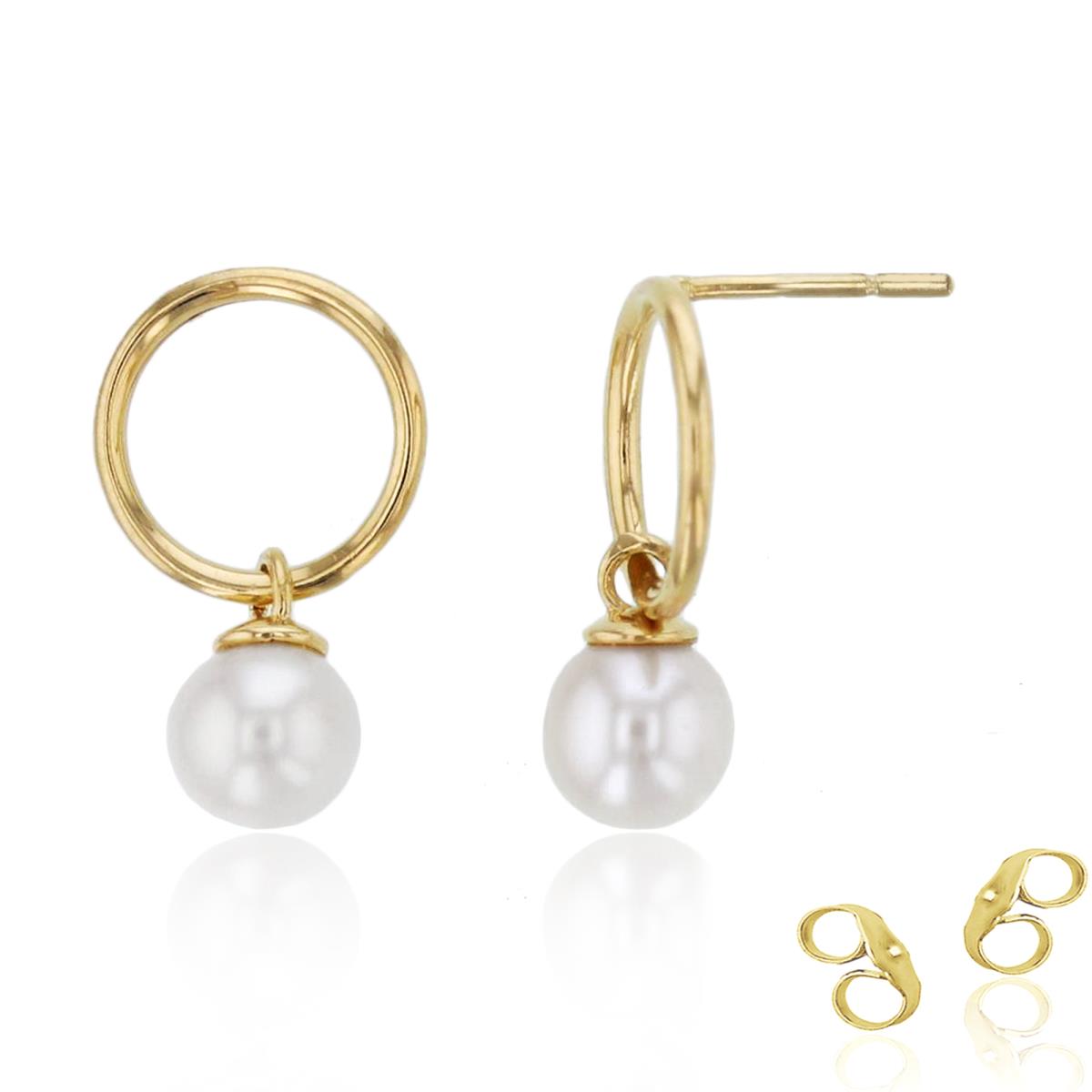 14K Yellow Gold Dangling 4.5mm Rnd Fresh Water Pearl Open Circle Studs with 4.5mm Clutch