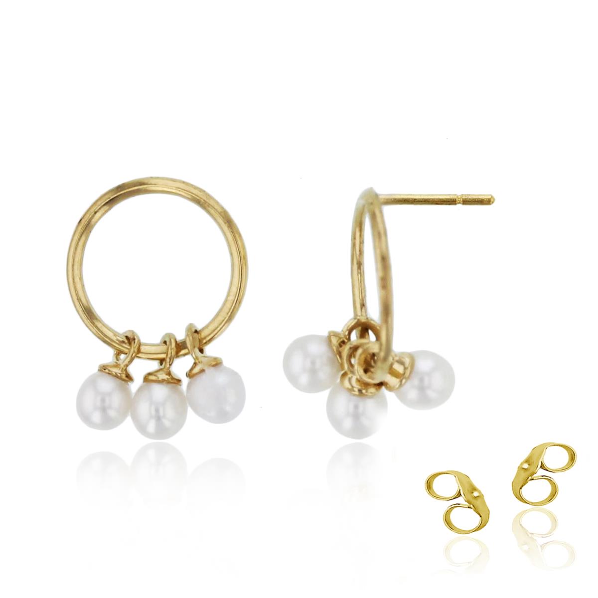 14K Yellow Gold Dangling Rnd Fresh Water Pearls on Circle Studs with 4.5mm Clutch