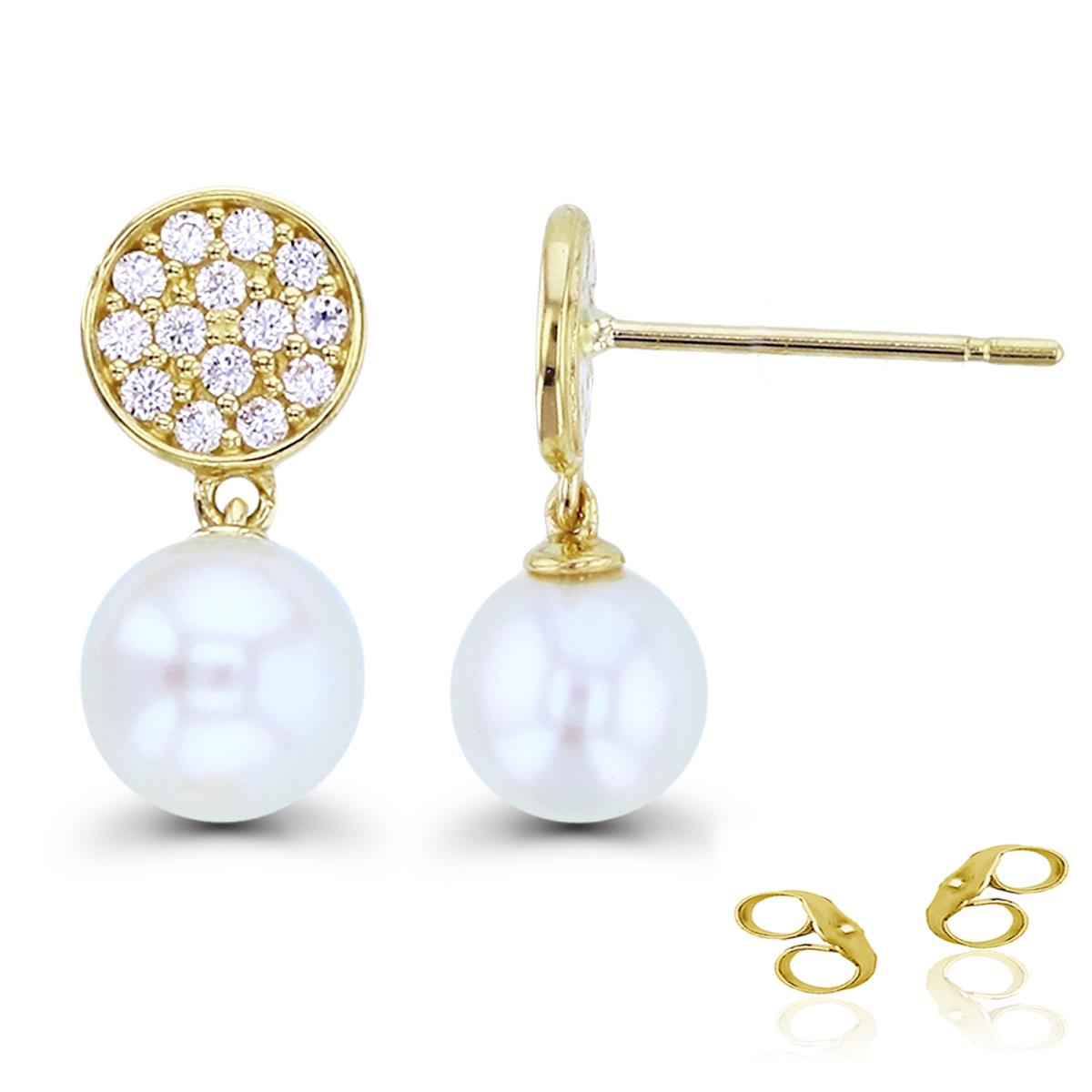 14K Yellow Gold 5mm Fresh Water Pearl & Rnd CZ Pave Circle Dangling Earrings with 4.5mm Clutch