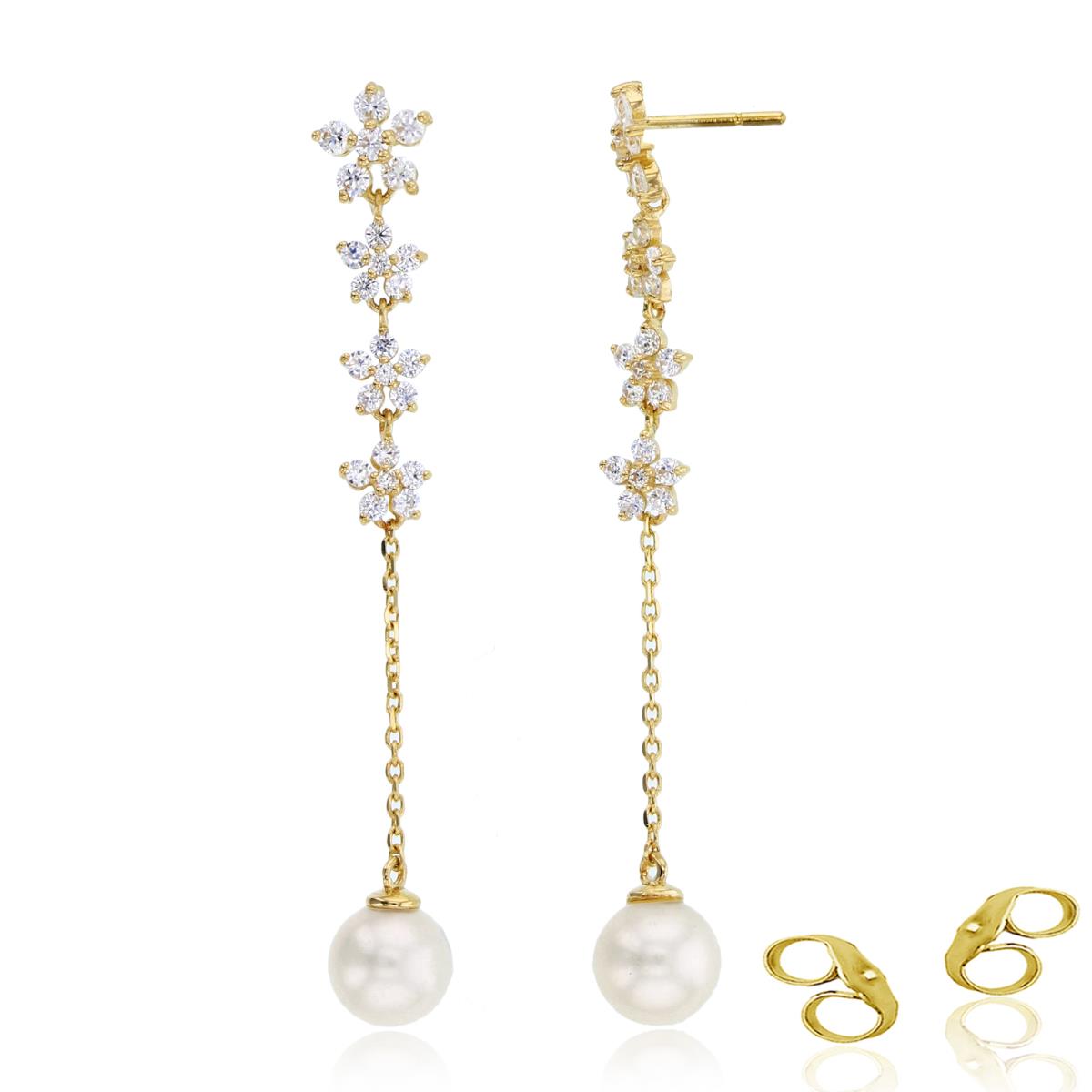 14K Yellow Gold Rnd CZ Graduated Flowers & 5mm Rnd Fresh Water Pearl Dangling on Chain Earrings with 4.5mm Clutch