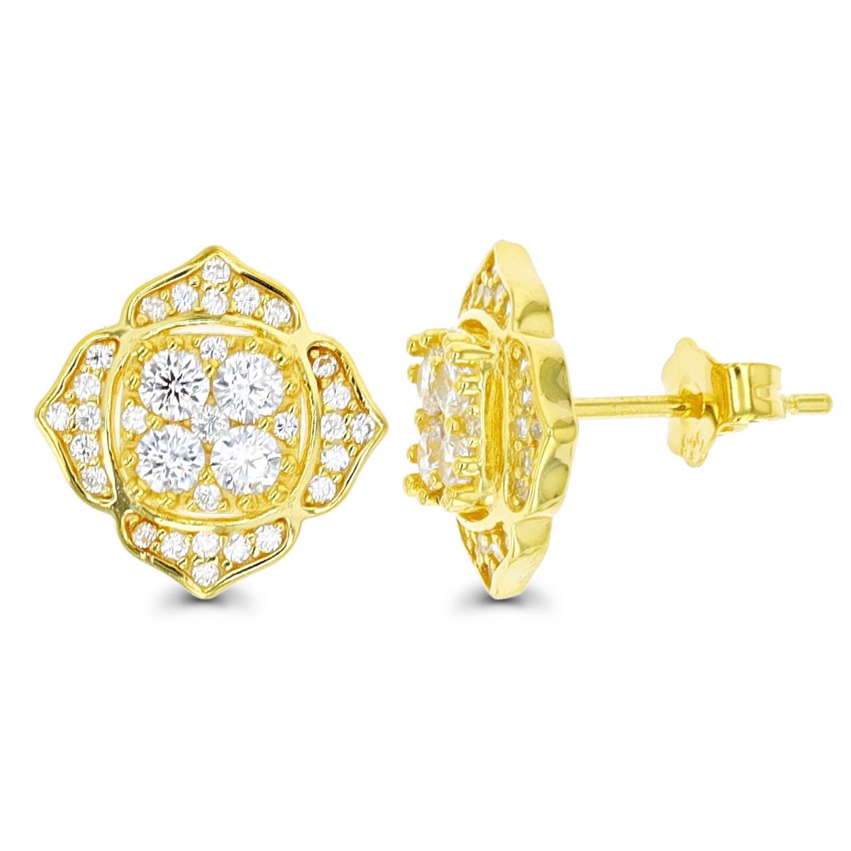 Sterling Silver Yellow 1 Micron12.5X12.5MM Flower White CZ Stud Earring