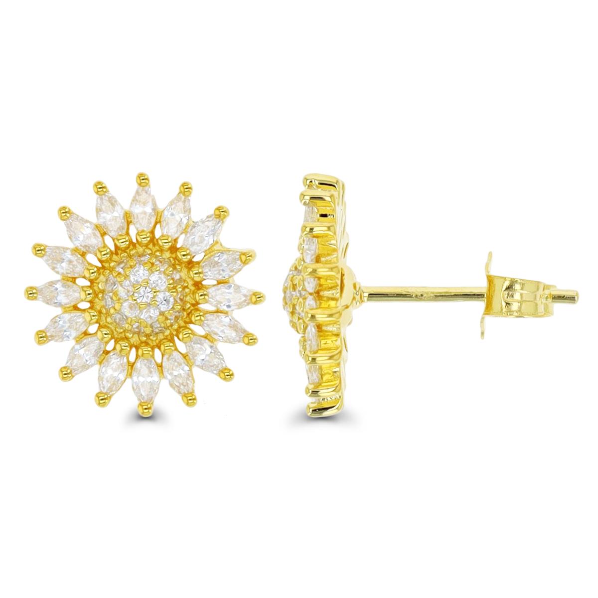 Sterling Silver Yellow 1 Micron 12MM Stud Sunflower White CZ Earring