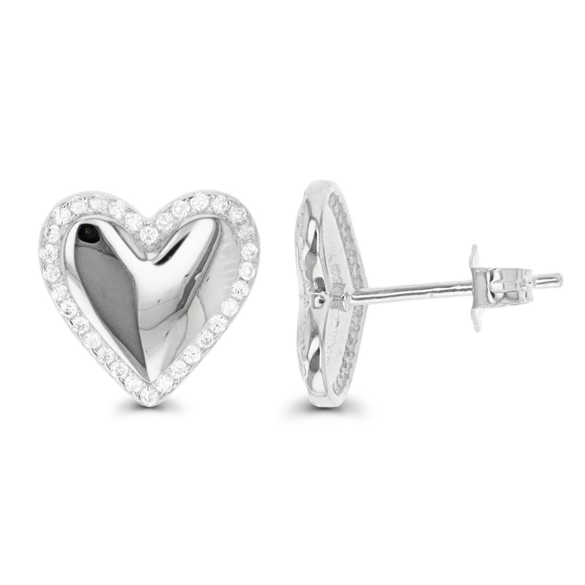 Sterling Silver Rhodium 12MM Polished White CZ Halo Heart Stud Earring