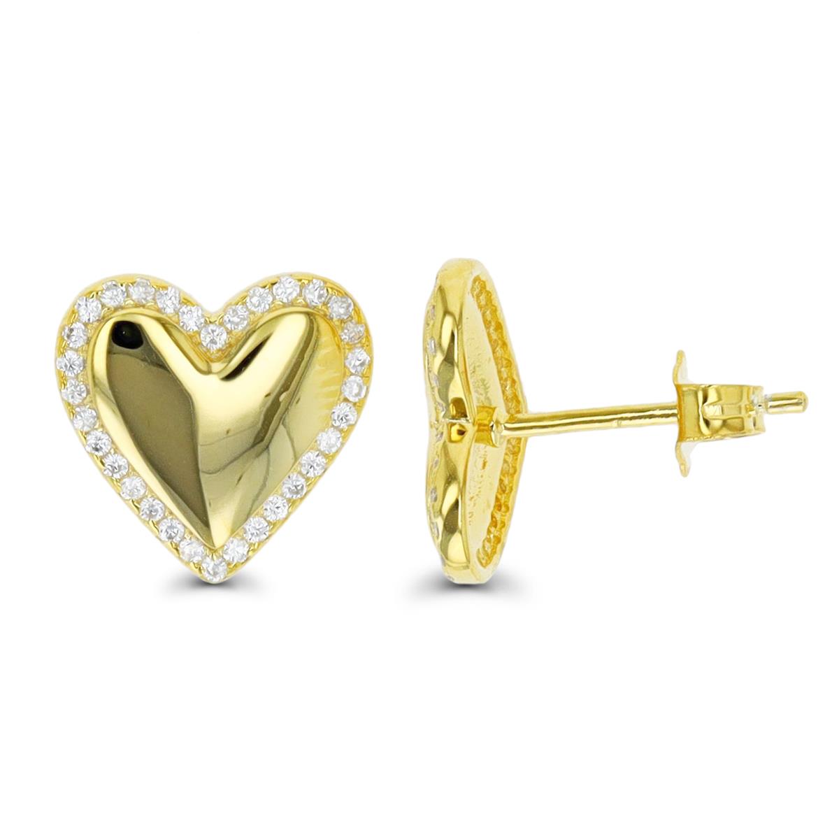 Sterling Silver Yellow 12MM Polished White CZ Halo Heart Stud Earring