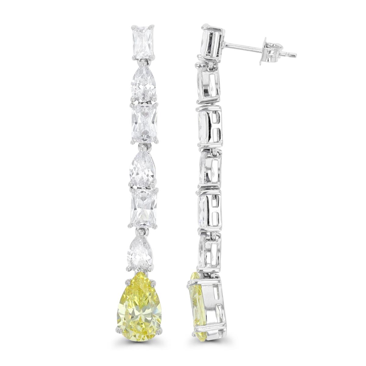 Sterling Silver Rhodium 48X6.8mmm Multishapes Canary & White CZ Dangling Earring