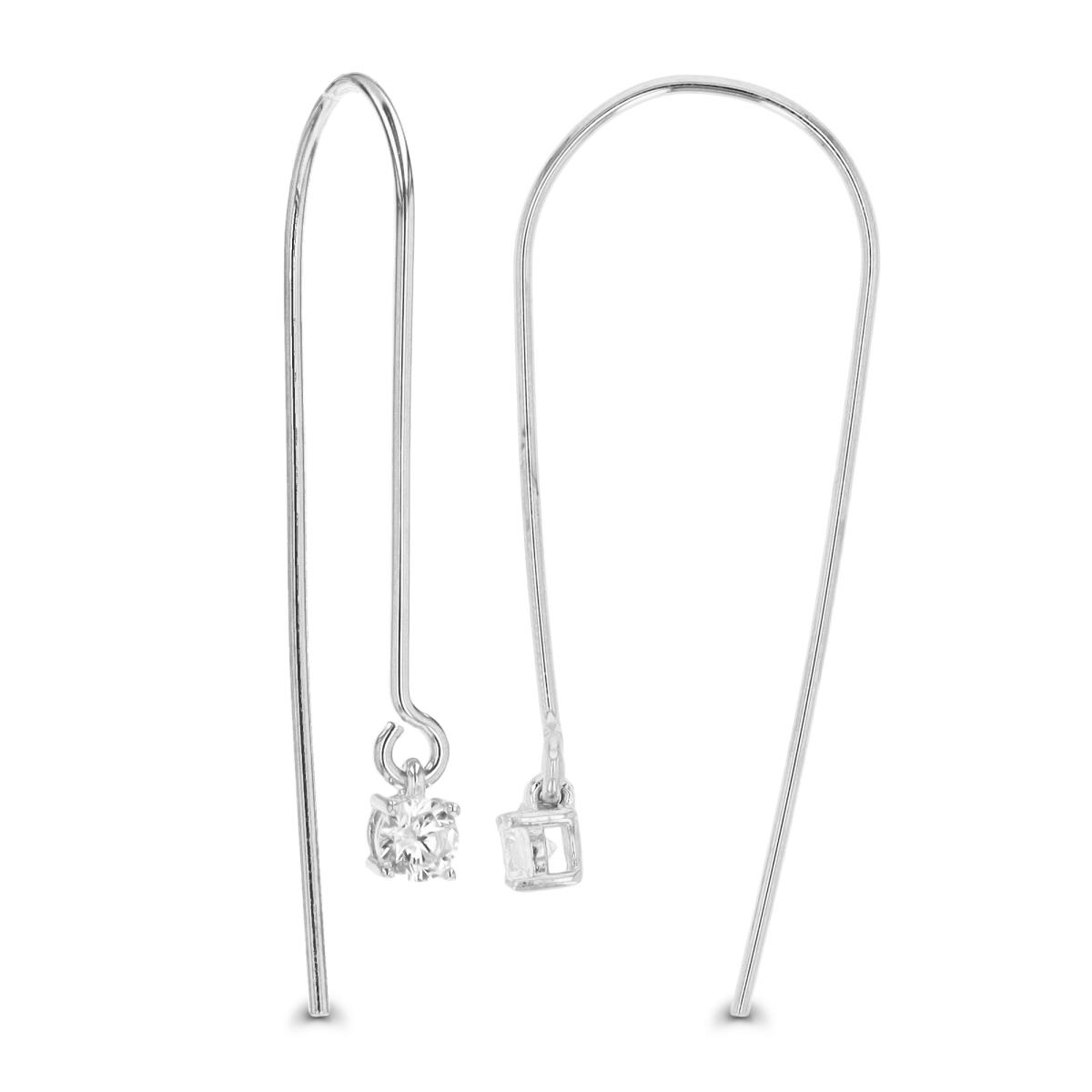 Sterling Silver Rhodium 40X4MM White CZ Fish Hook Solitaire Earring
