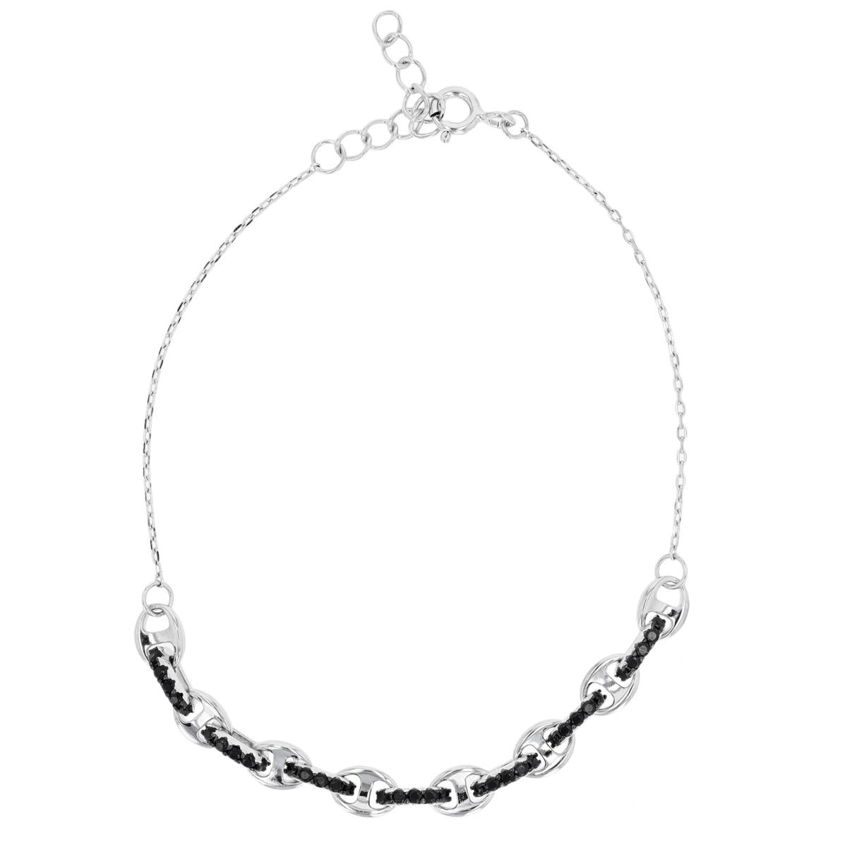 Sterling Silver Rhodium & Black 3.5MM Black Curb Link 7+1" Bracelet