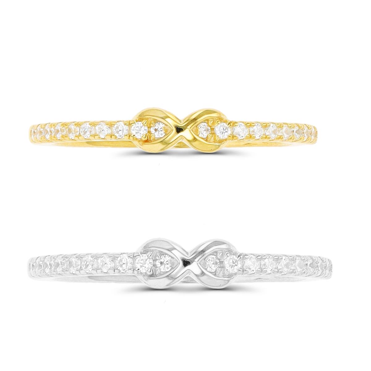 Sterling Silver Rhodium & Yellow 1-Micron Cross Over Pave White CZ Set of 2 Rings