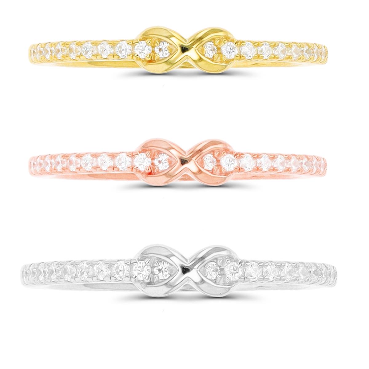 Sterling Silver Rhodium/Yellow/Rose Cross Over Pave White CZ Set of 3 Rings