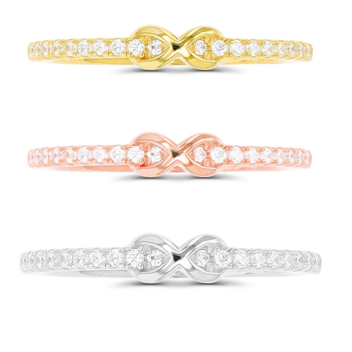 Sterling Silver Rhodium/Yellow/Rose 1-Micron Cross Over Pave White CZ Set of 3 Rings