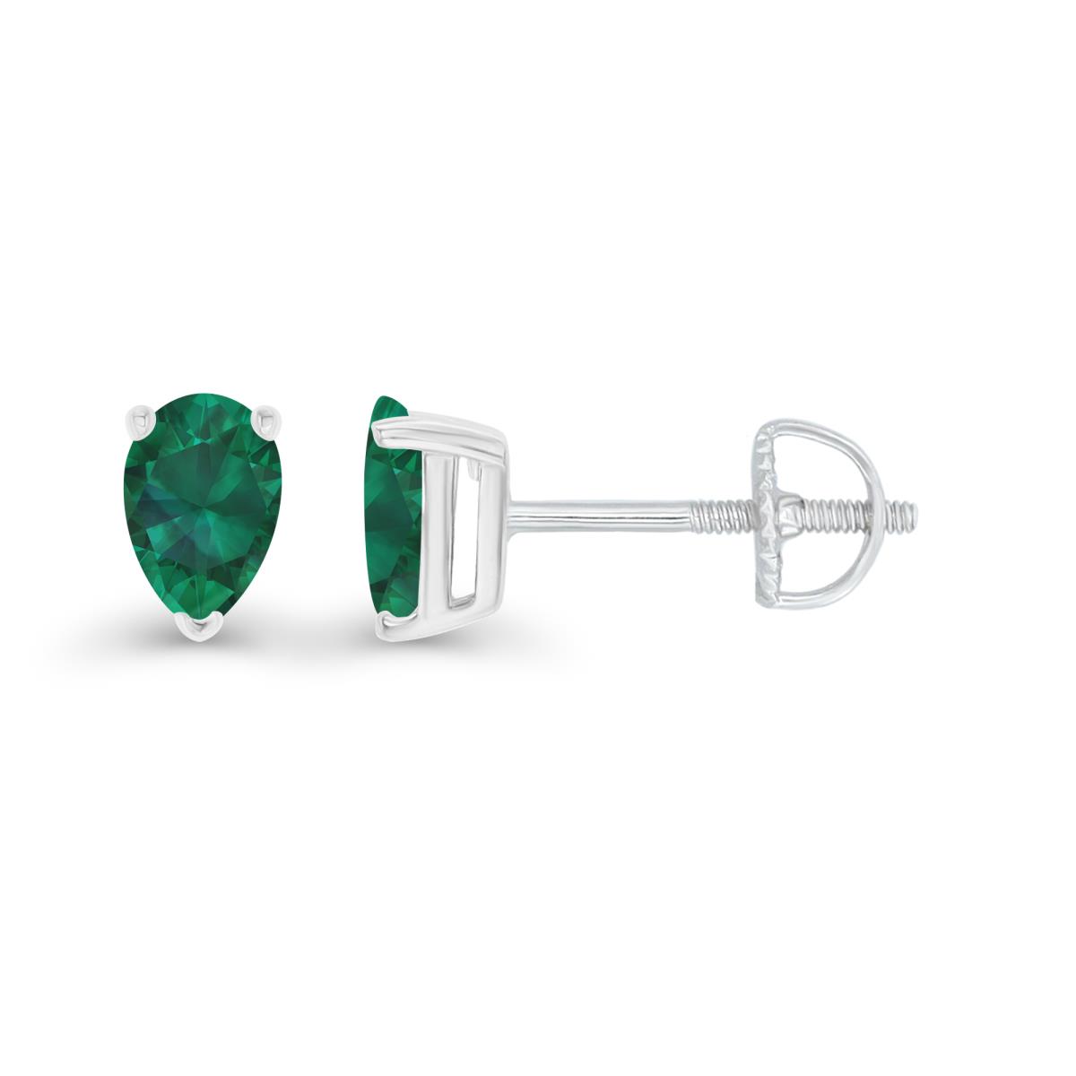 Sterling Silver Rhodium 5x3mm Pear Created Emerald Screwback Stud Earring