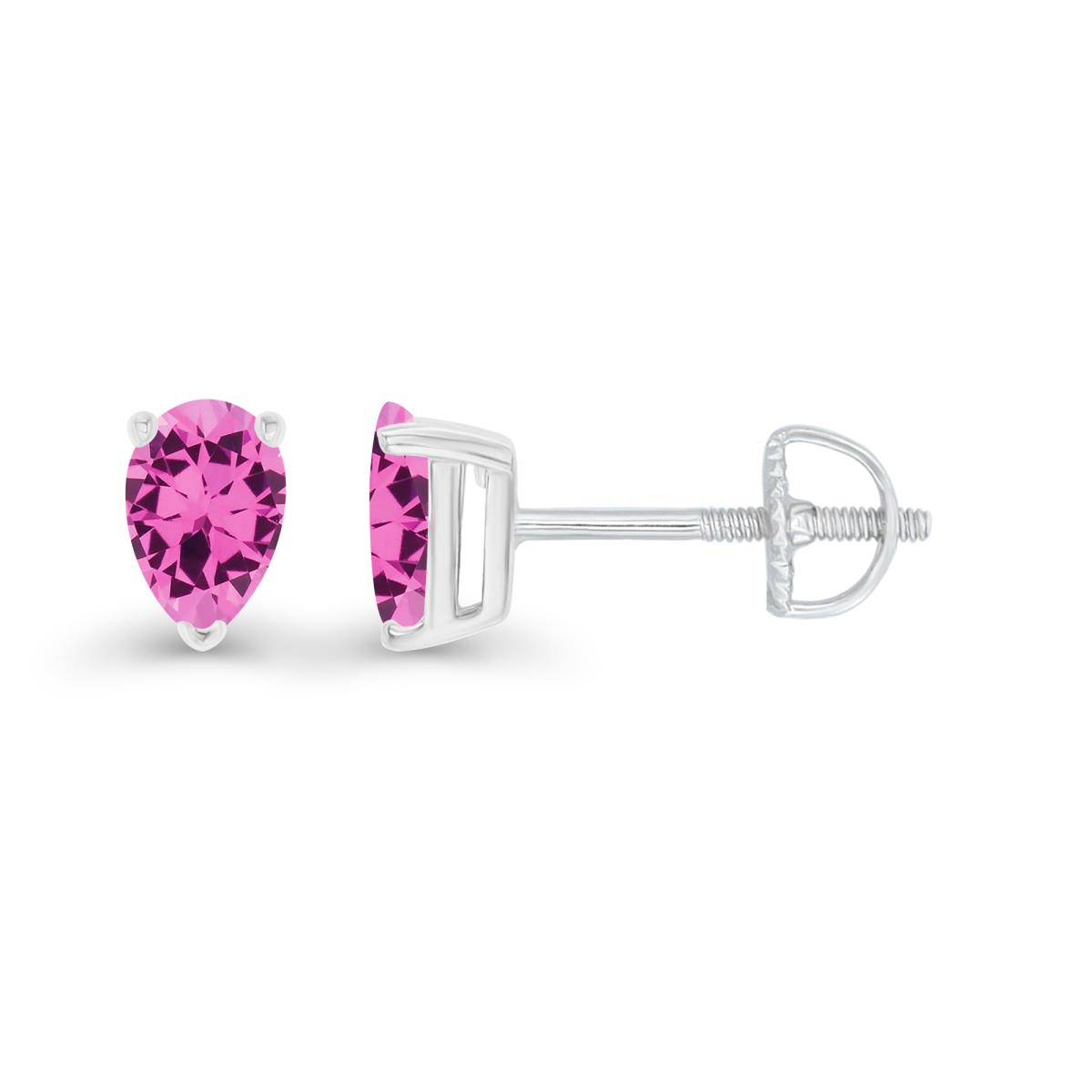 Sterling Silver Rhodium 5x3mm Pear Created Pink Sapphire Screwback Stud Earring