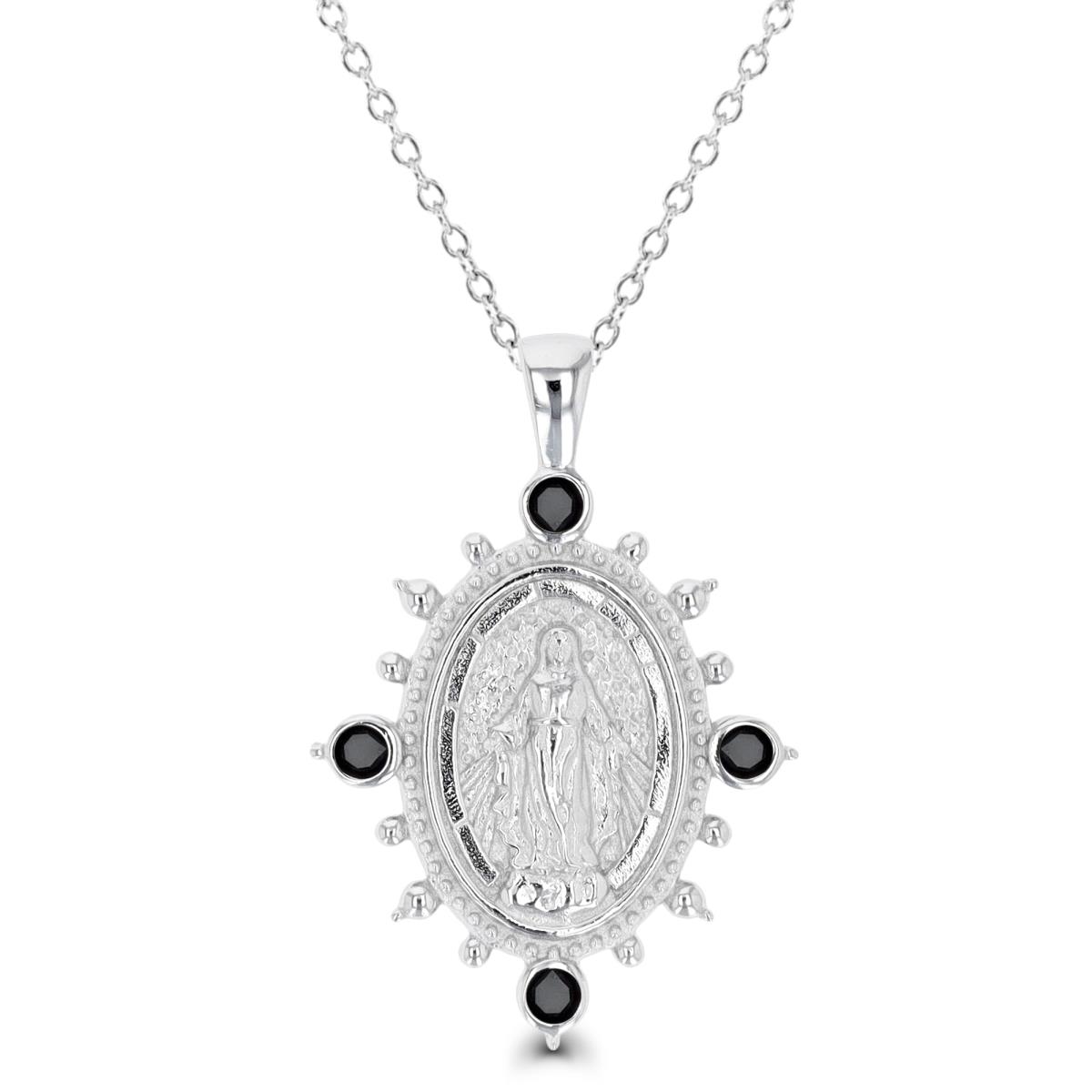 Sterling Silver Rhodium 29X20MM Virgin Mary Black Spinel 18" Necklace
