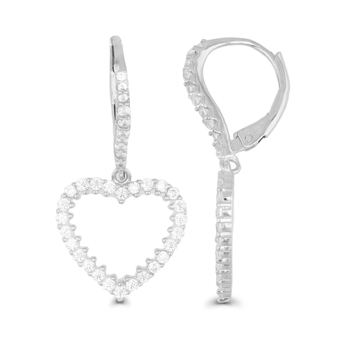 Sterling Silver Rhodium 30X15MM White CZ Dangling Heart Lever Back Earring
