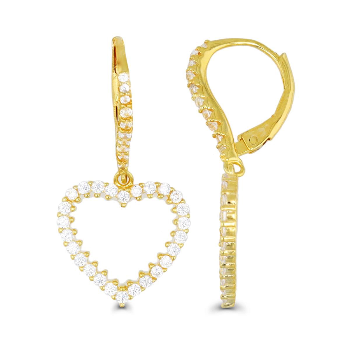 Sterling Silver Yellow 30X15MM White CZ Dangling Heart Lever Back Earring