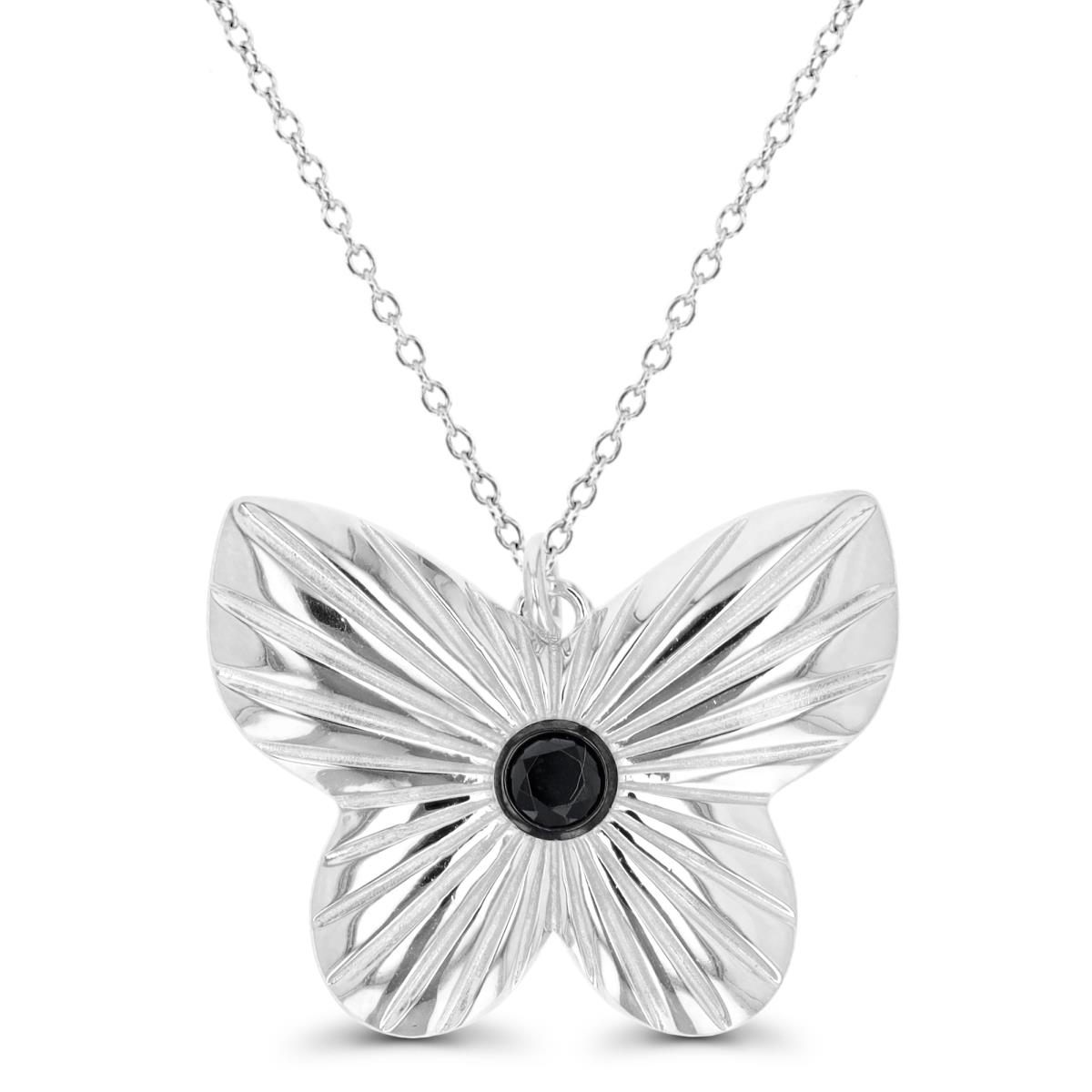 Sterling Silver Rhodium & Black 31X24.5MM Butterfly Solitaire Bezel Black CZ 18" Necklace