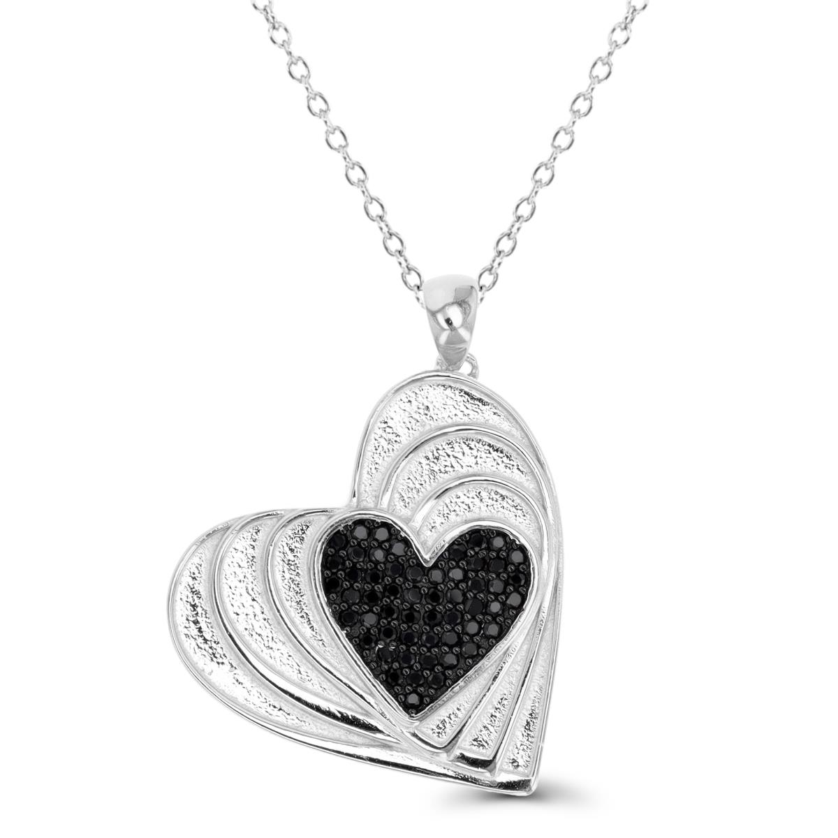 Sterling Silver Rhodium & Black 30X23MM Micropave  Black Spinel Heart 18" Necklace