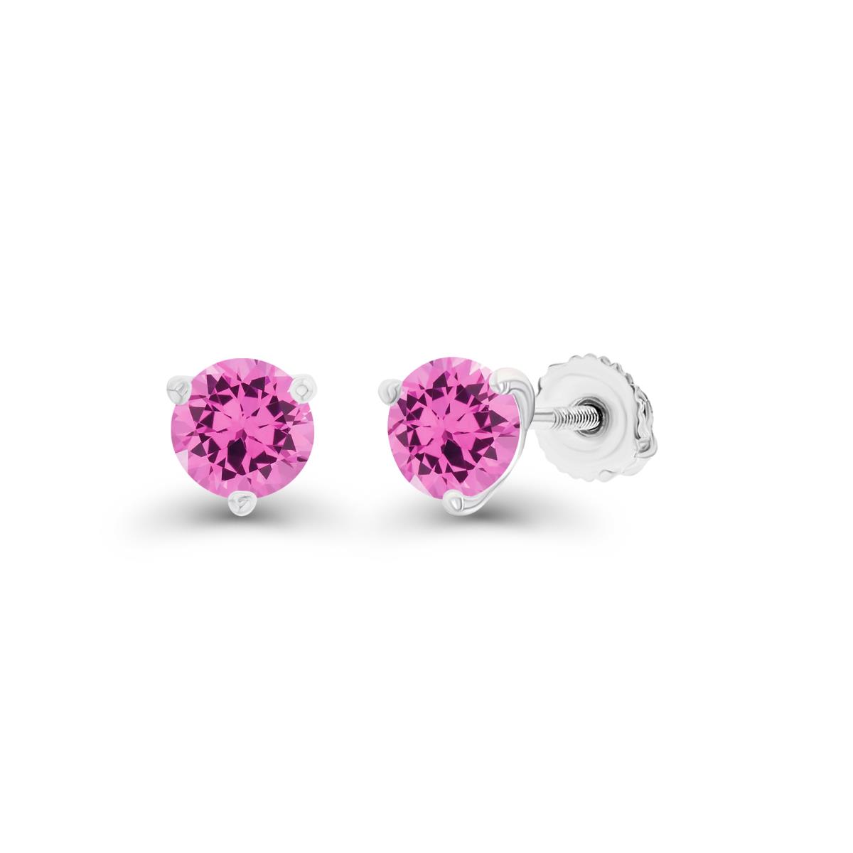 Sterling Silver Rhodium 4mm Round Created Pink Sapphire Screwback Stud Earring