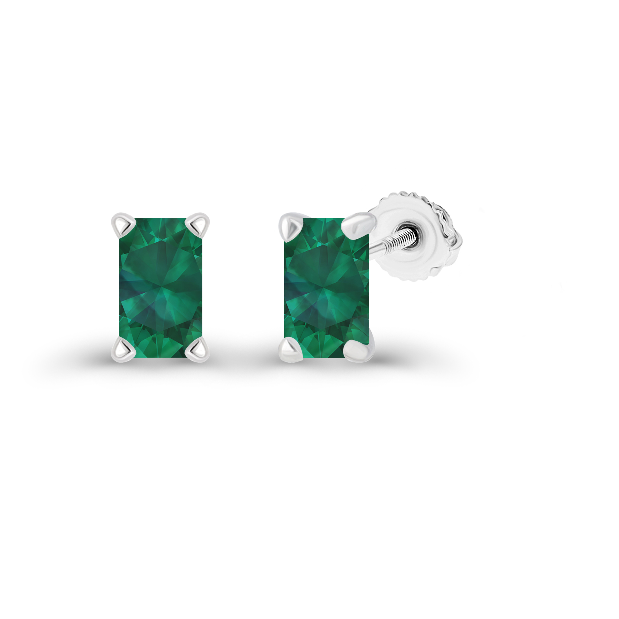 Sterling Silver Rhodium 6x4mm Octagon Created Emerald Screwback Stud Earring