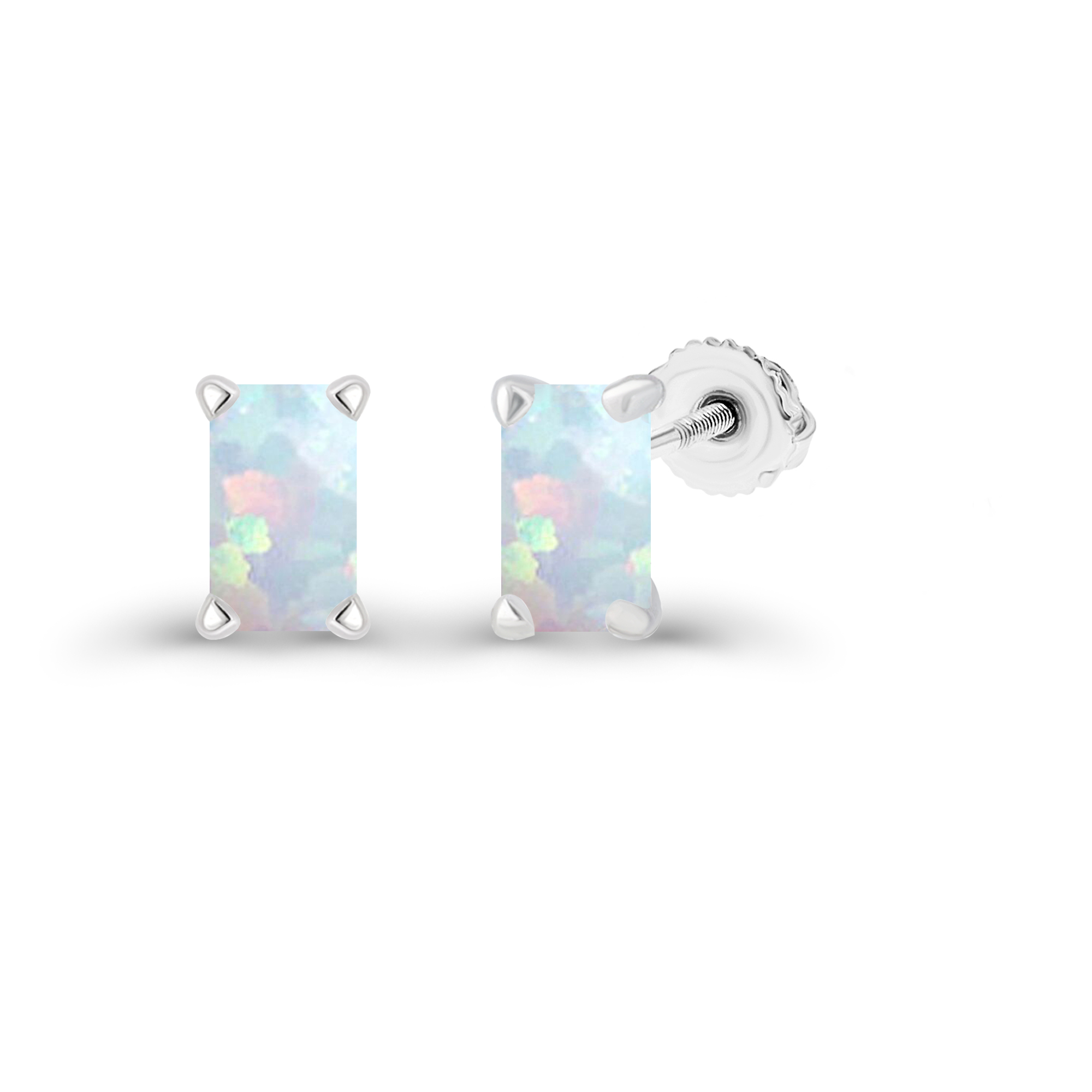 Sterling Silver Rhodium 6x4mm Octagon Created Opal Screwback Stud Earring