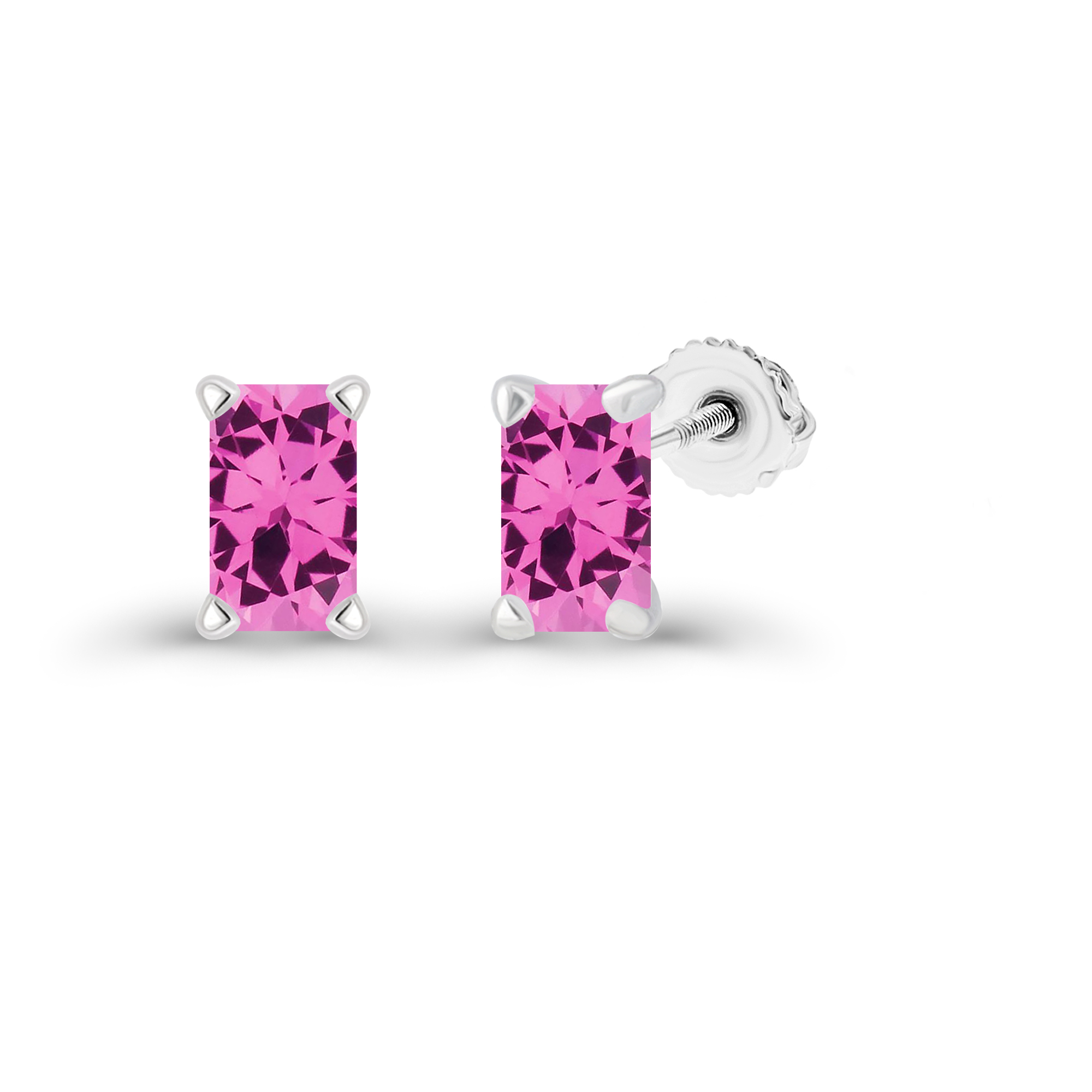 Sterling Silver Rhodium 6x4mm Octagon Created Pink Sapphire Screwback Stud Earring