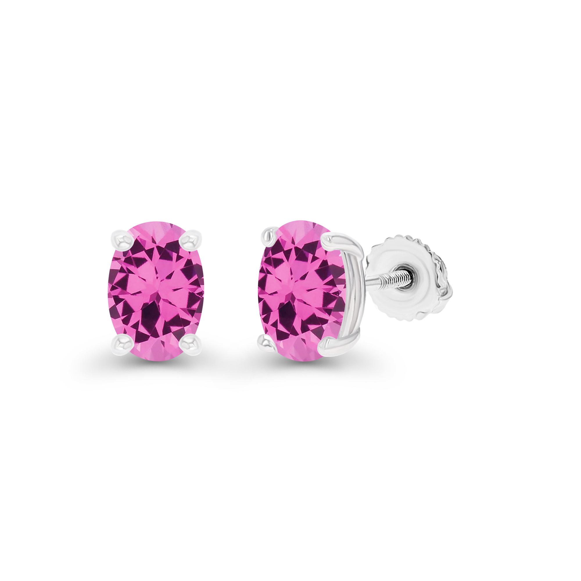 Sterling Silver Rhodium 6x4mm Oval Created Pink Sapphire Screwback Stud Earring