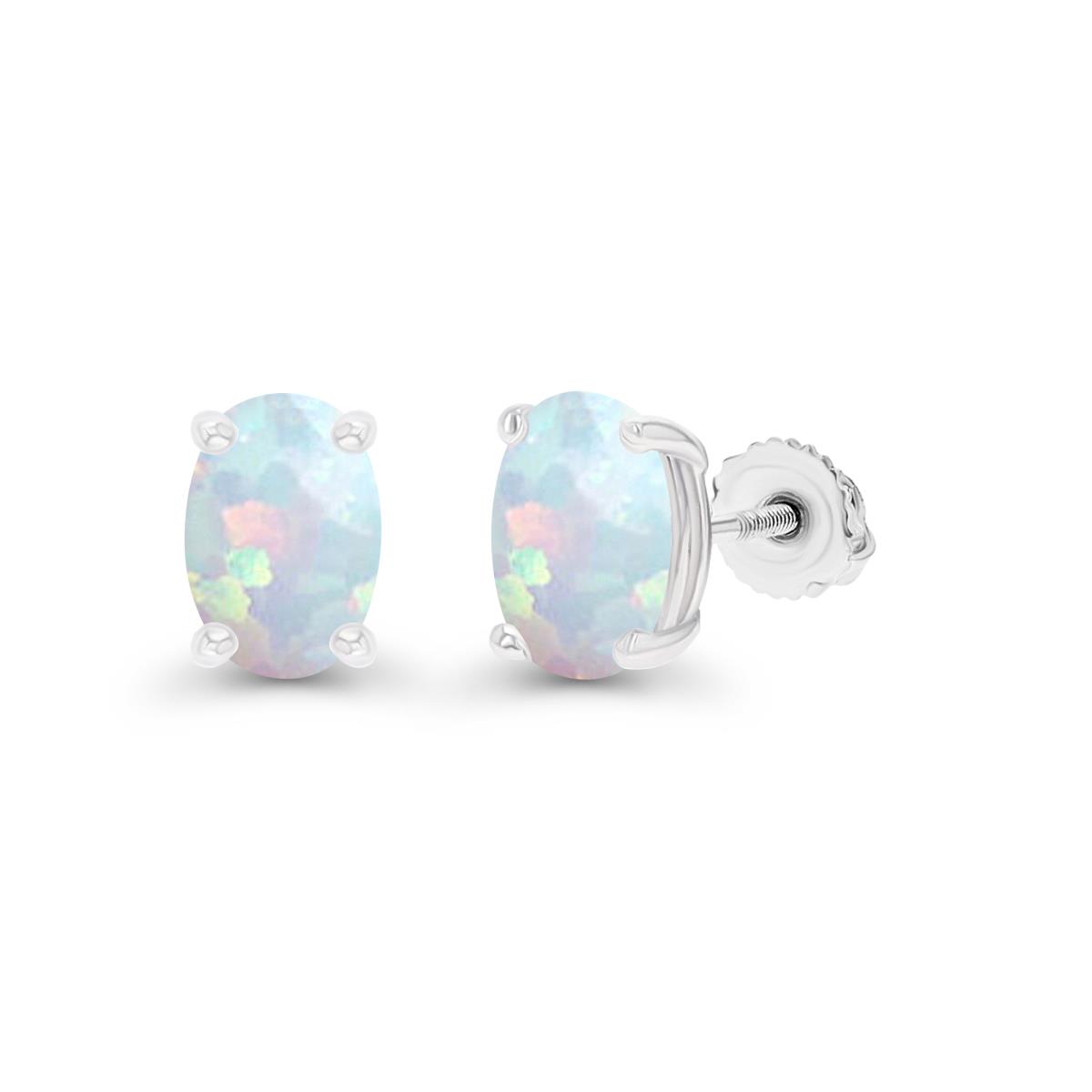 Sterling Silver Rhodium 7x5mm Oval Created Opal Screwback Stud Earring