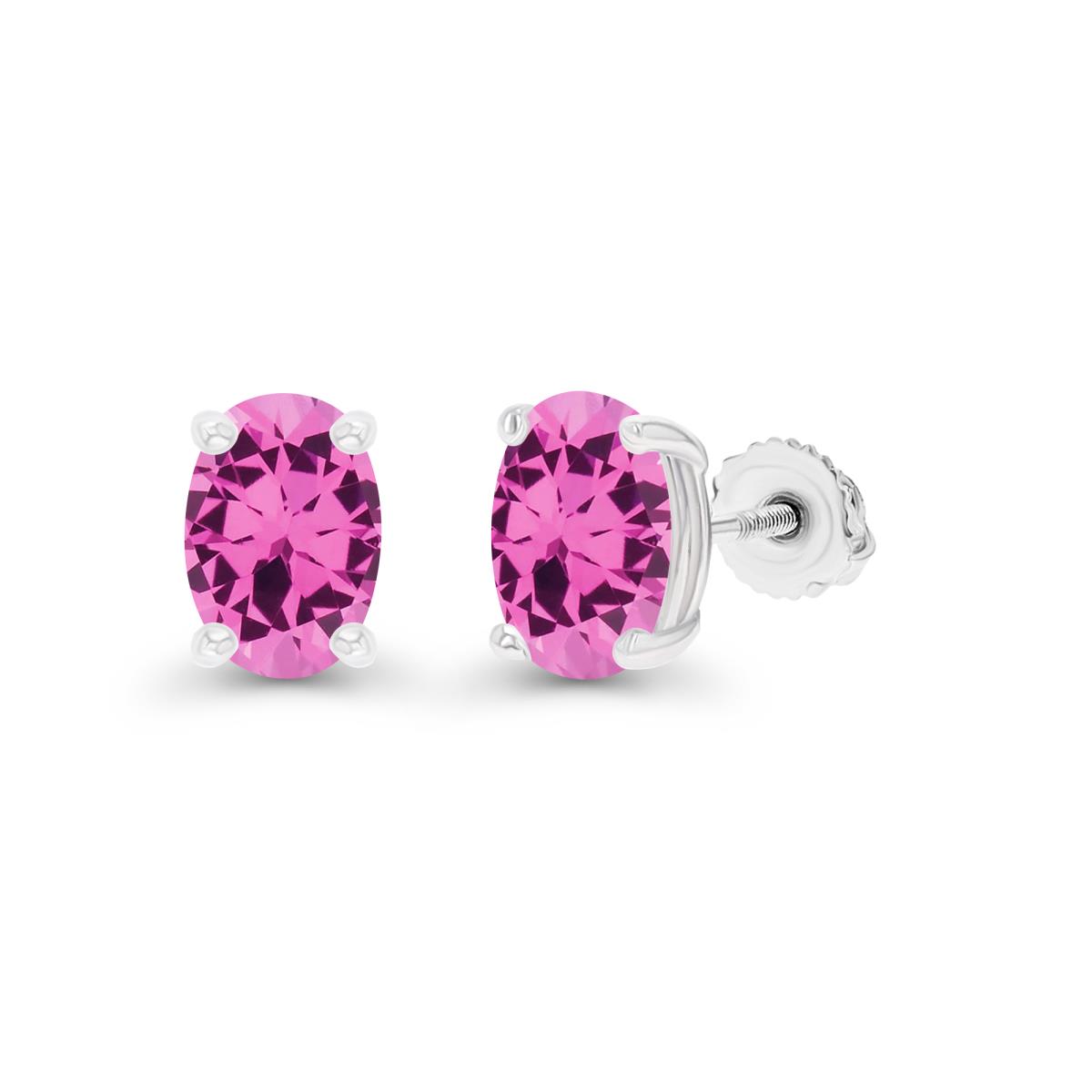 Sterling Silver Rhodium 7x5mm Oval Created Pink Sapphire Screwback Stud Earring
