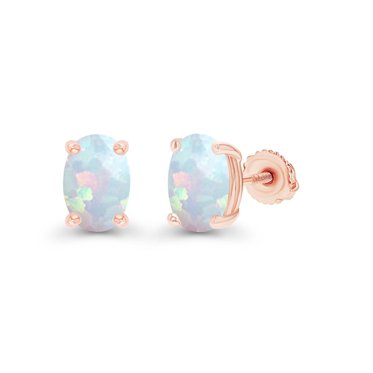 Sterling Silver Rose 7x5mm Oval Created Opal Screwback Stud Earrings