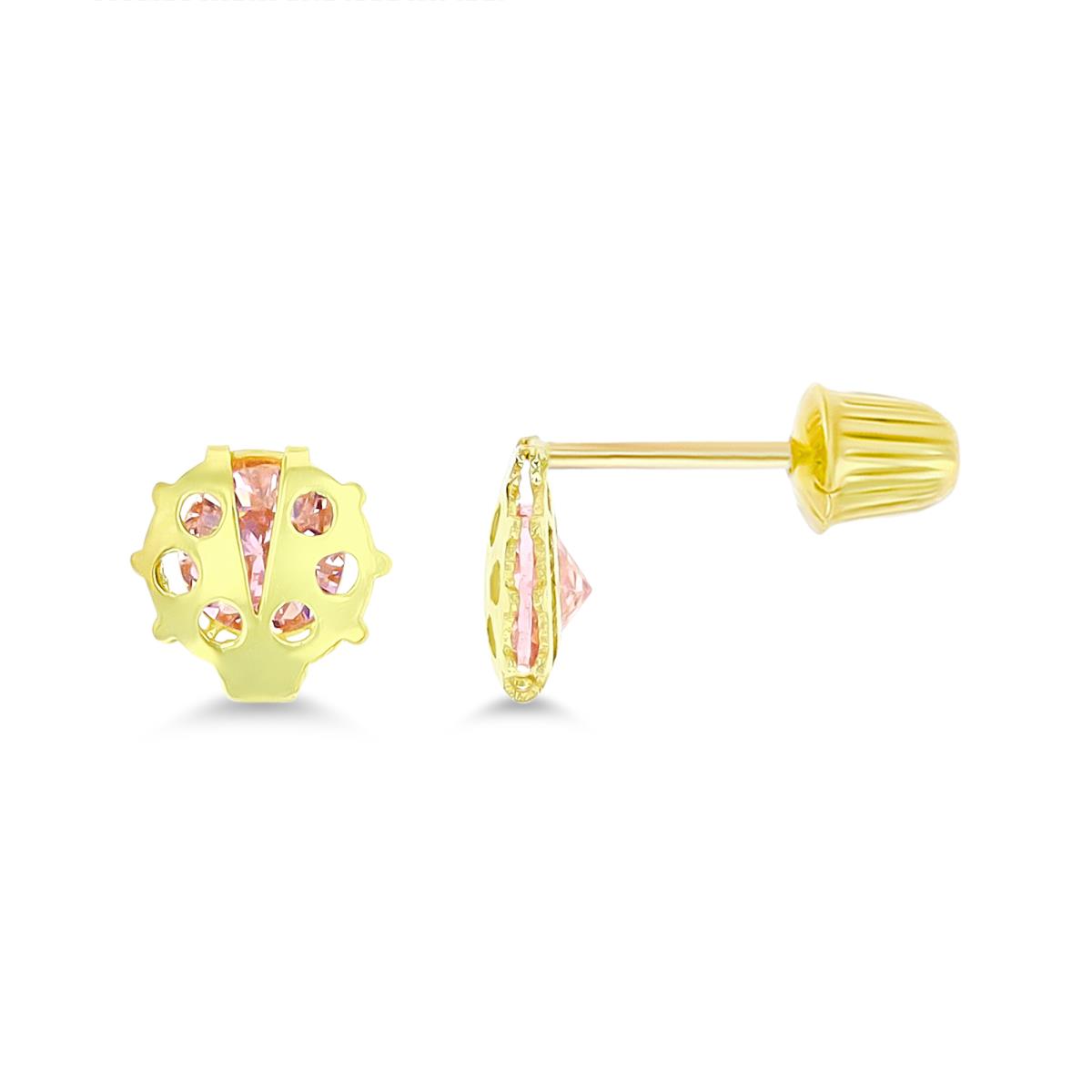14K Yellow Gold Pink CZ Ladybug Screwback Stud Earring