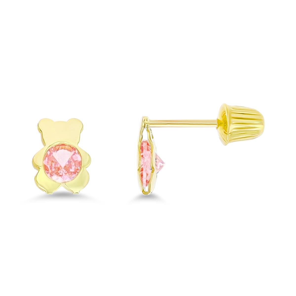 14K Yellow Gold Pink CZ Teddy Bear Screwback Stud Earring