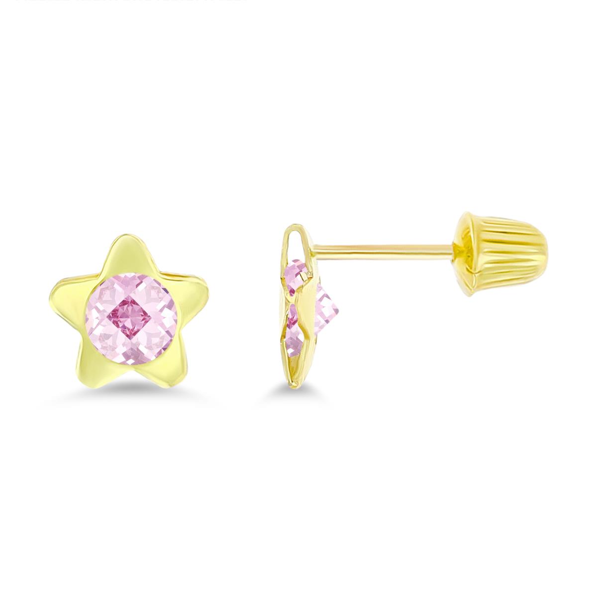 14K Yellow Gold Pink CZ Flower Screwback Stud Earring