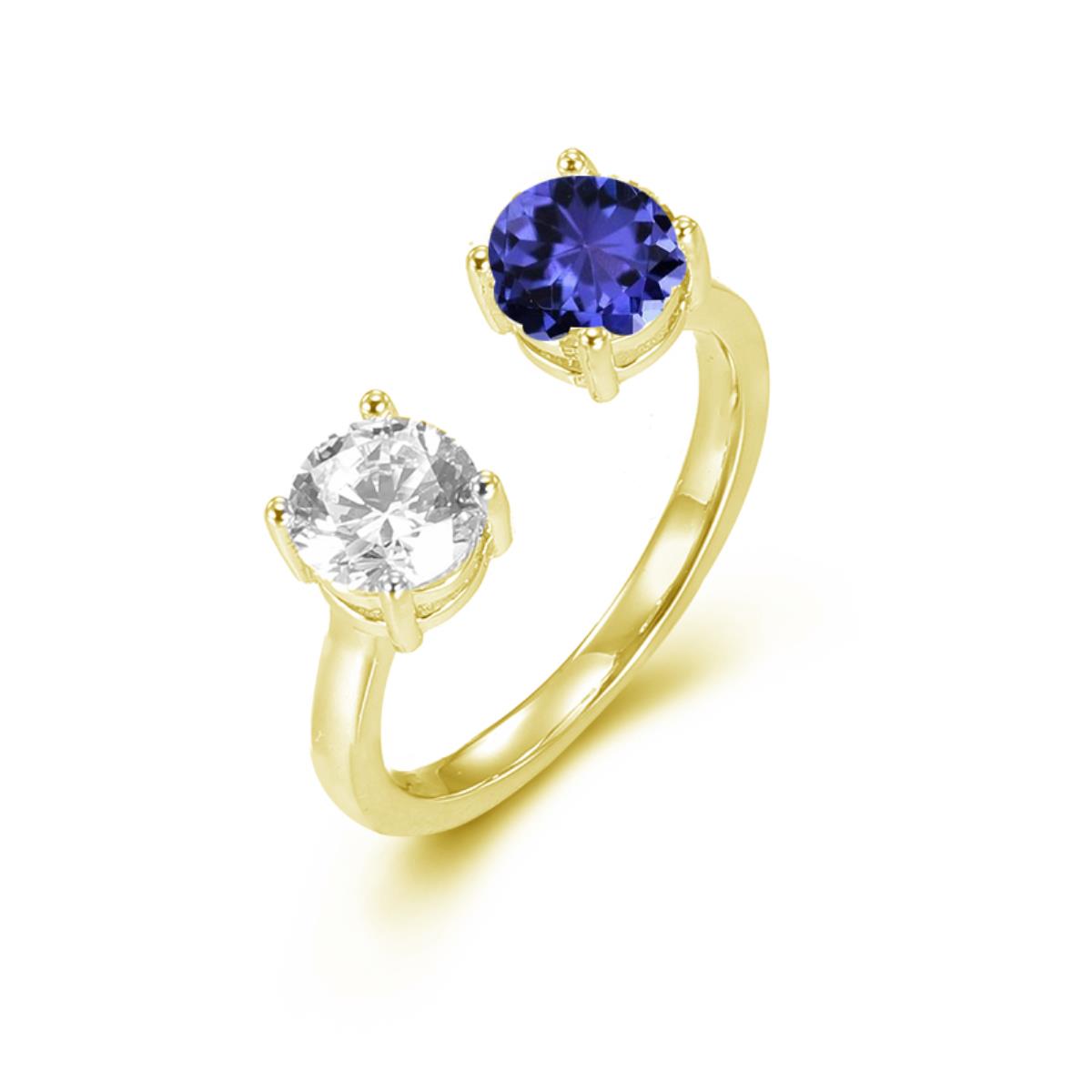 Sterling Silver Yellow 1 Micron 6mm Rd Tanzanite & 6mm Rd White CZ Open Ring