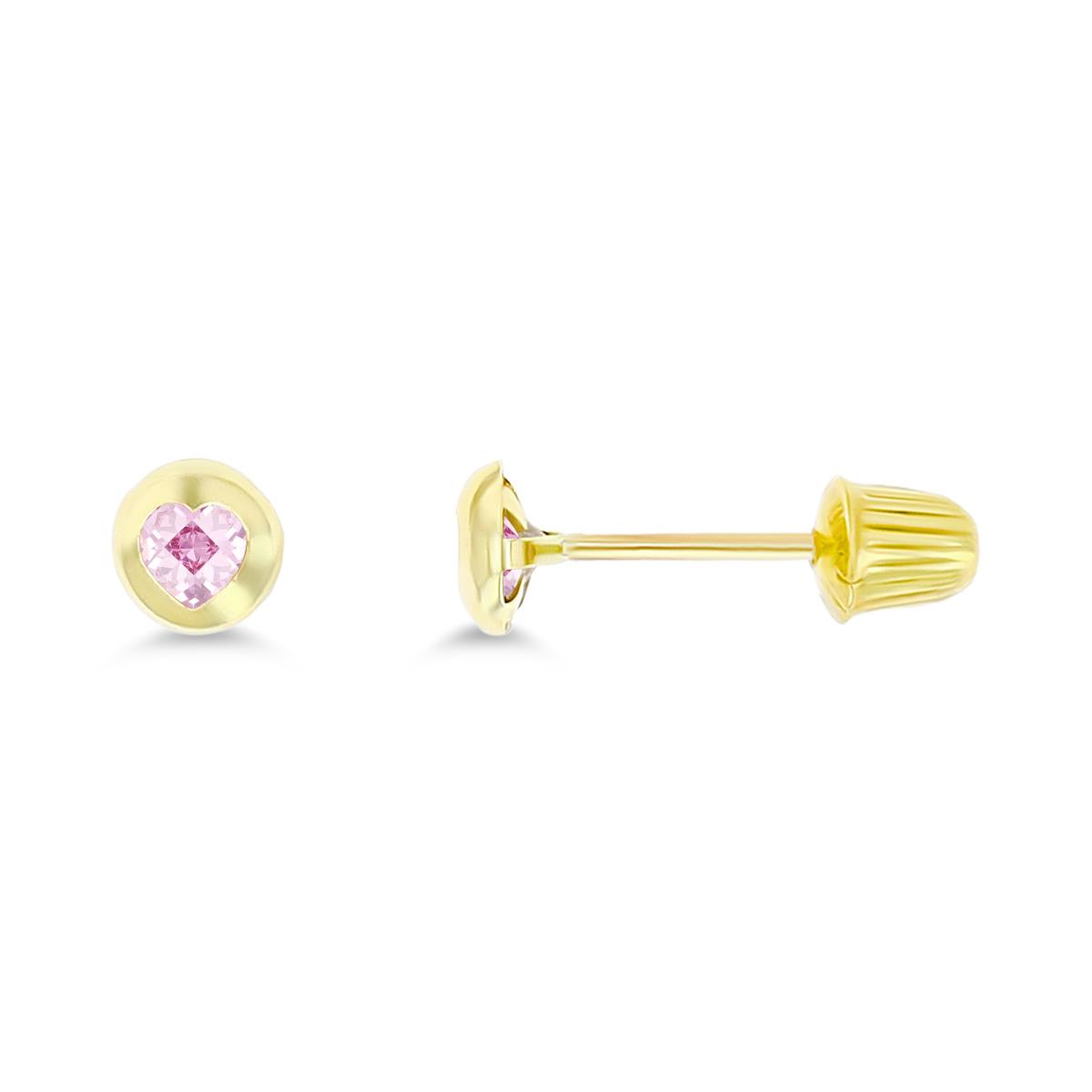 14K Yellow Gold Pink CZ Heart Cutout Screwback Stud Earring