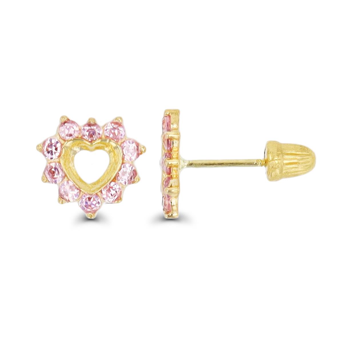 14K Yellow Gold Pink CZ Heart Screwback Stud Earring