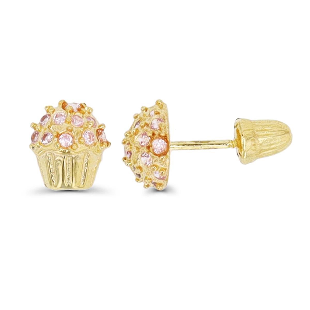 14K Yellow Gold Pink CZ Cupcake Screwback Stud Earring
