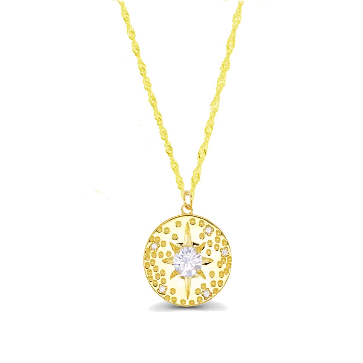 Sterling Silver Yellow 1-Micron 24.6MM Star White CZ Round  18"+2" Singapore Necklace