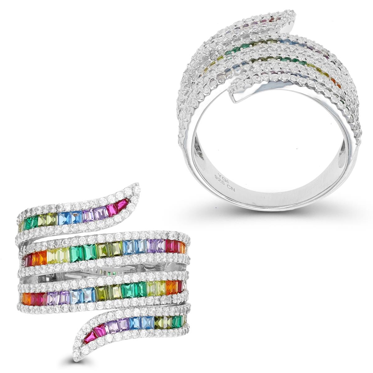 Sterling Silver Rhodium 23.5mm Multicolor Stright & Tappered Baguette Fashion Ring