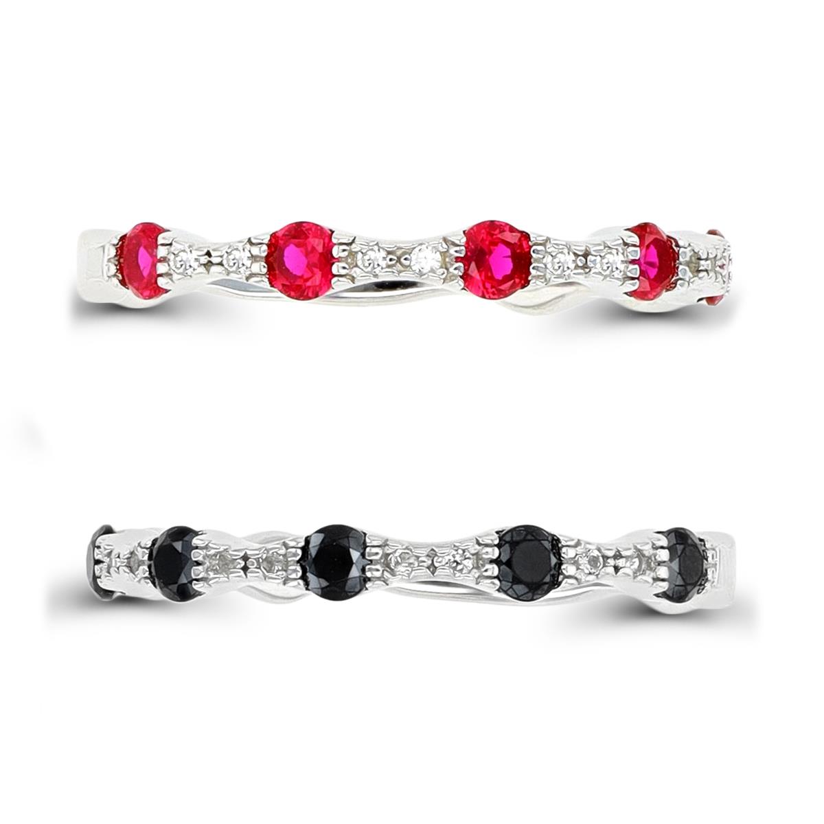 Sterling Silver Rhodium Alt #8 Ruby and Black Spinel/ Cr White Sapphire Set of 2 Rings
