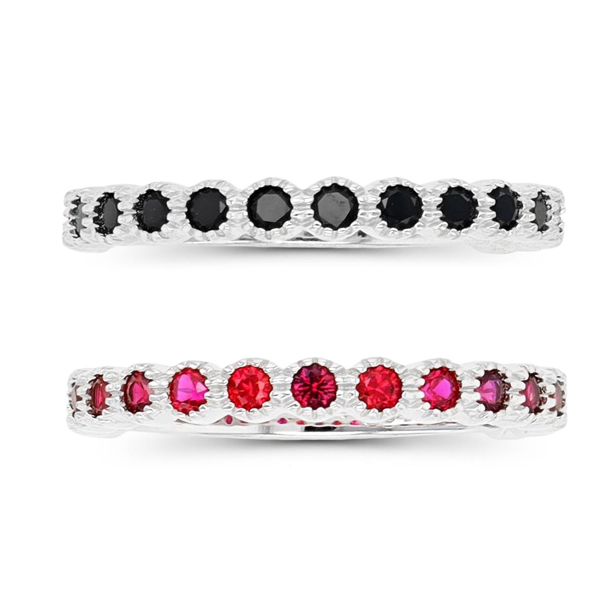 Sterling Silver Rhodium 2mm Black Spinel & #8 Ruby Anniversary Set of 2 Rings