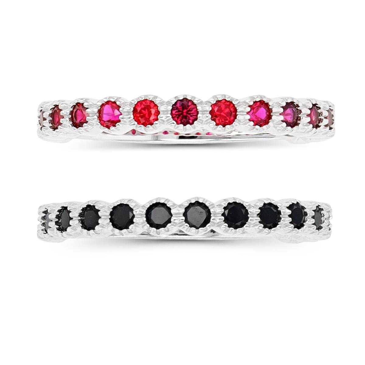 Sterling Silver Rhodium 2mm Black Spinel, #8 Ruby & #34 Blue Anniversary Set of 3 Rings
