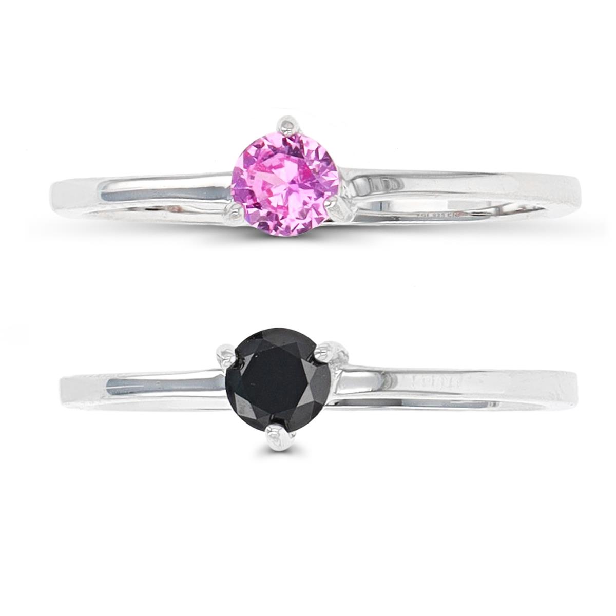 Sterling Silver Rhodium 4mm RD #2 Pink & Black Spinel Solitaire Set of 2 Rings