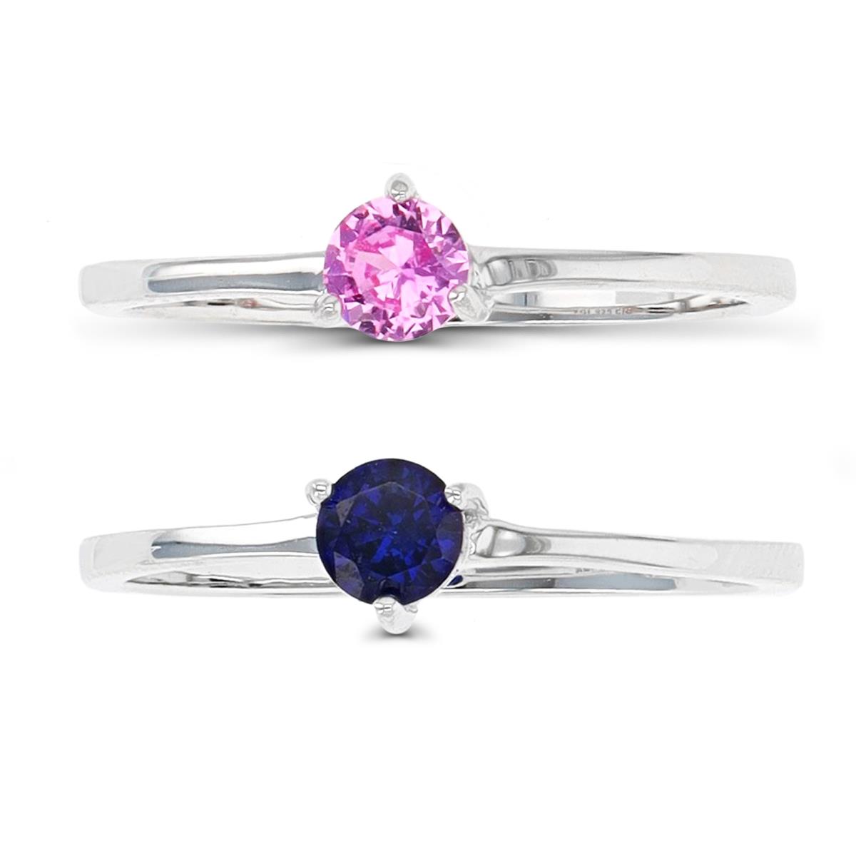 Sterling Silver Rhodium 4mm RD #2 Pink, #34 Blue & Black Spinel Solitaire Set of 3 Rings