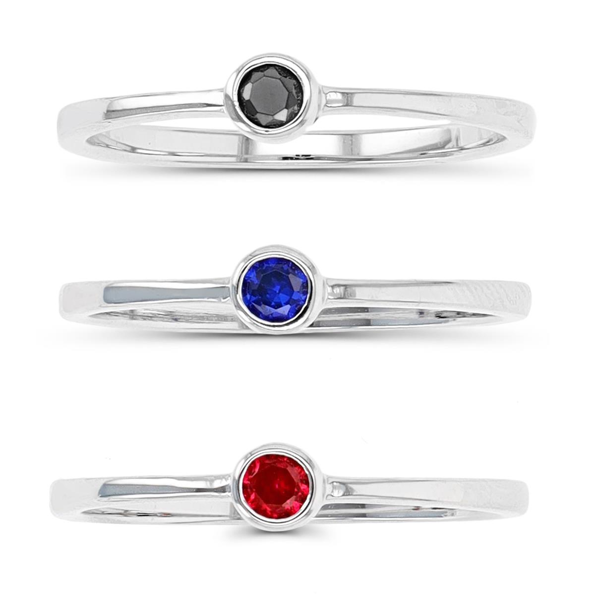 Sterling Silver Rhodium 4mm Black Spinel, #8 Ruby & #114 Blue Bezel Solitaire Set of 3 Rings