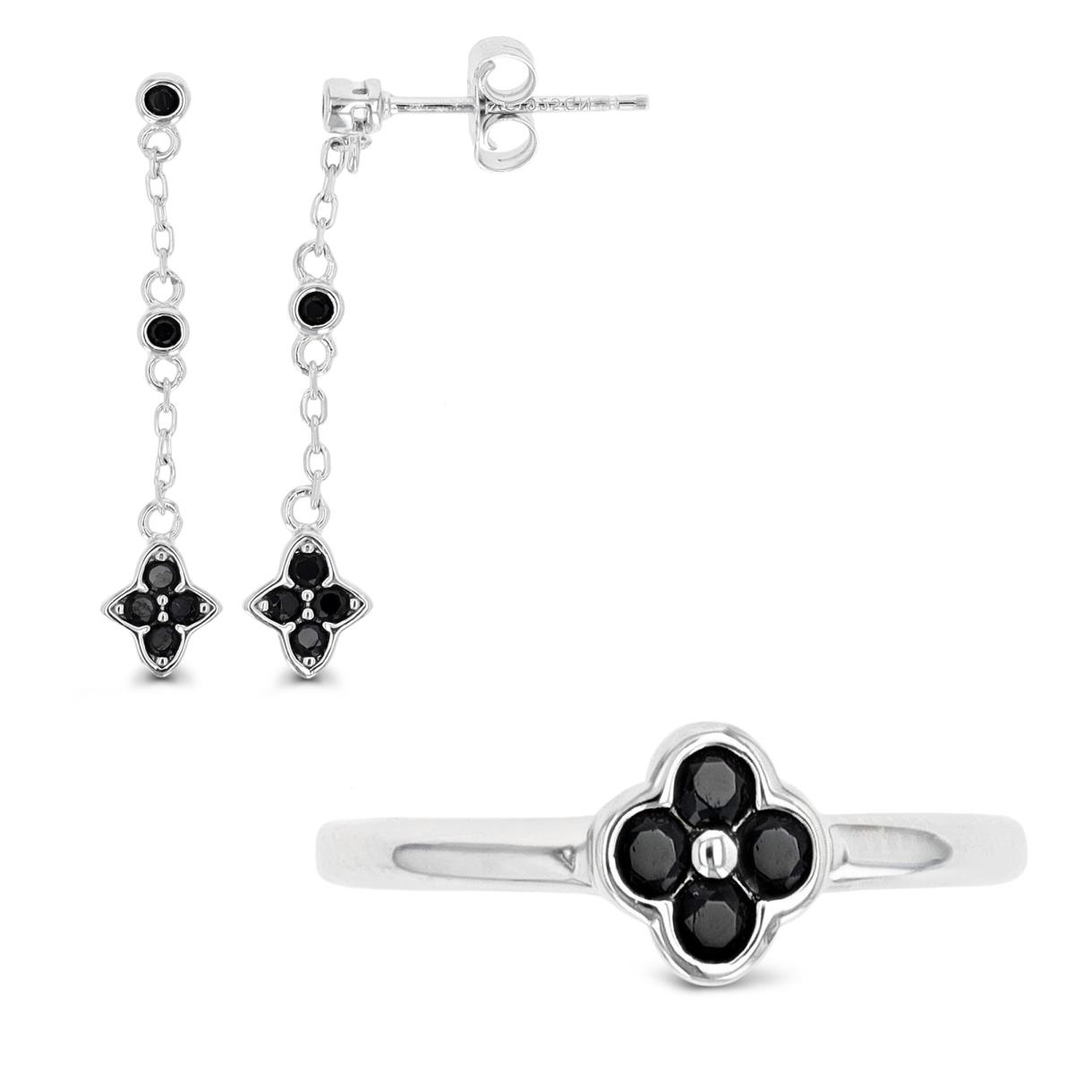 Sterling Silver Rhodium Fashion Flower Black Spinel Ring and Earring Set