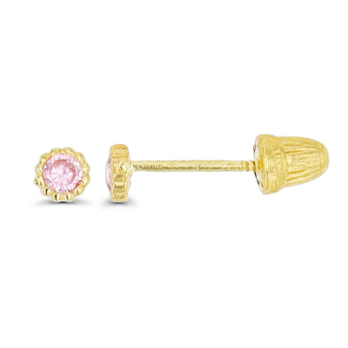 10K Yellow Gold 2mm Rd Pink CZ Milgrain Screwback Stud Earring