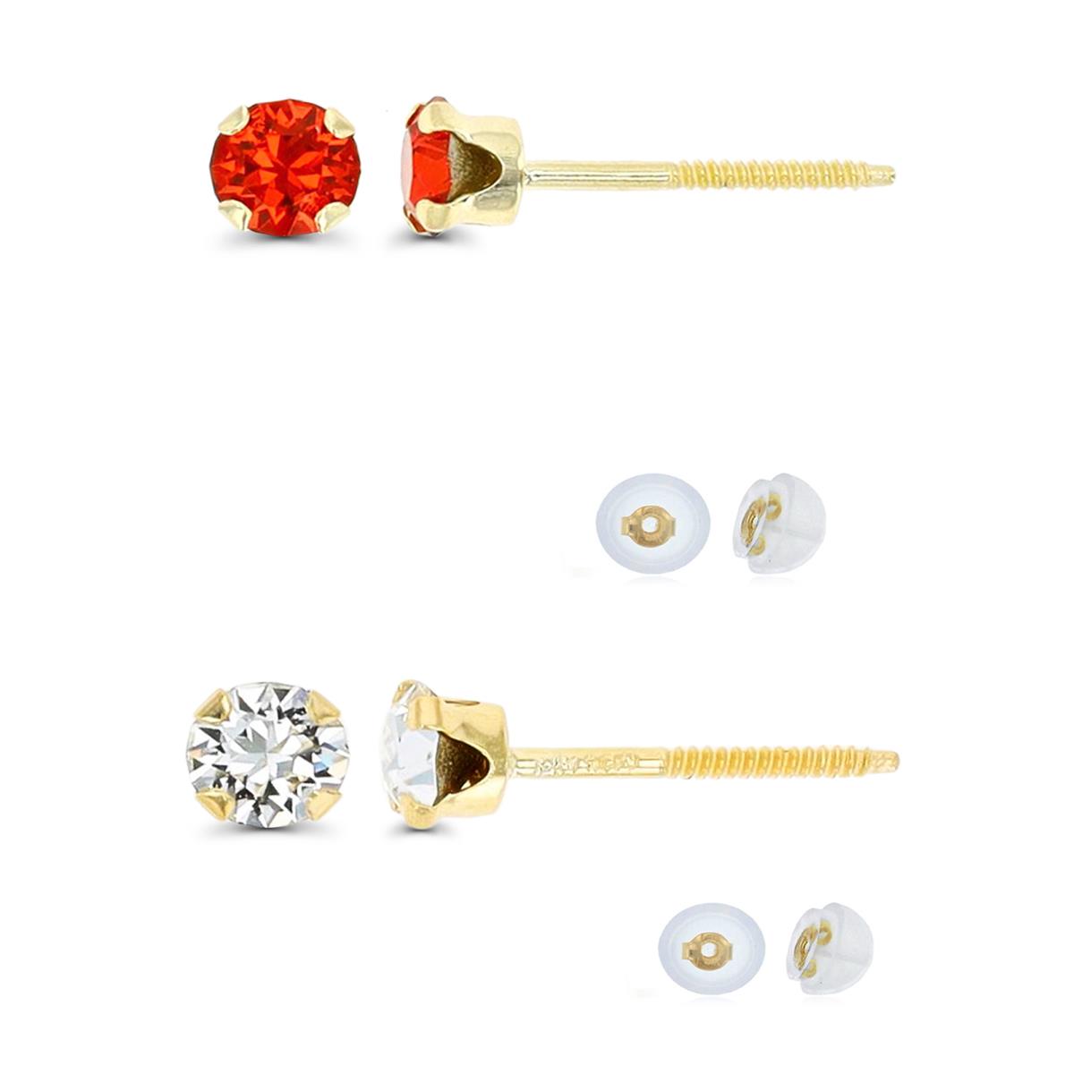 14K Yellow Gold 3mm Rd Garnet Crystal & White Crystal Solitaire Stud Earring Set