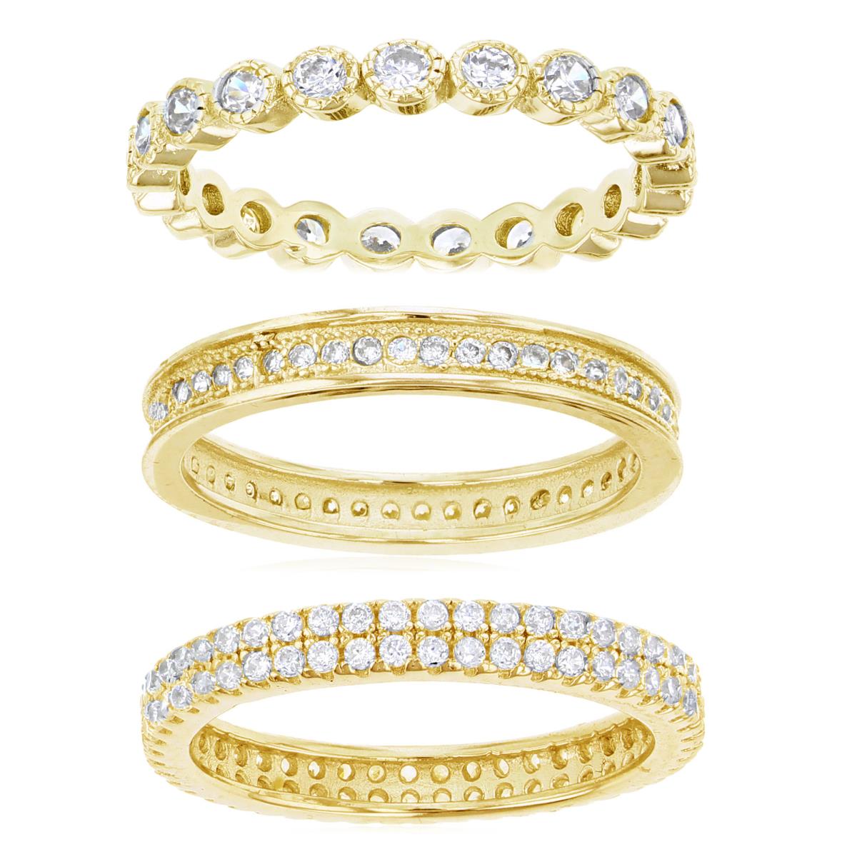 Sterling Silver Yellow 1-Row, 2-Row Paved & Bezel Milgraine Eternity Ring Set of 3