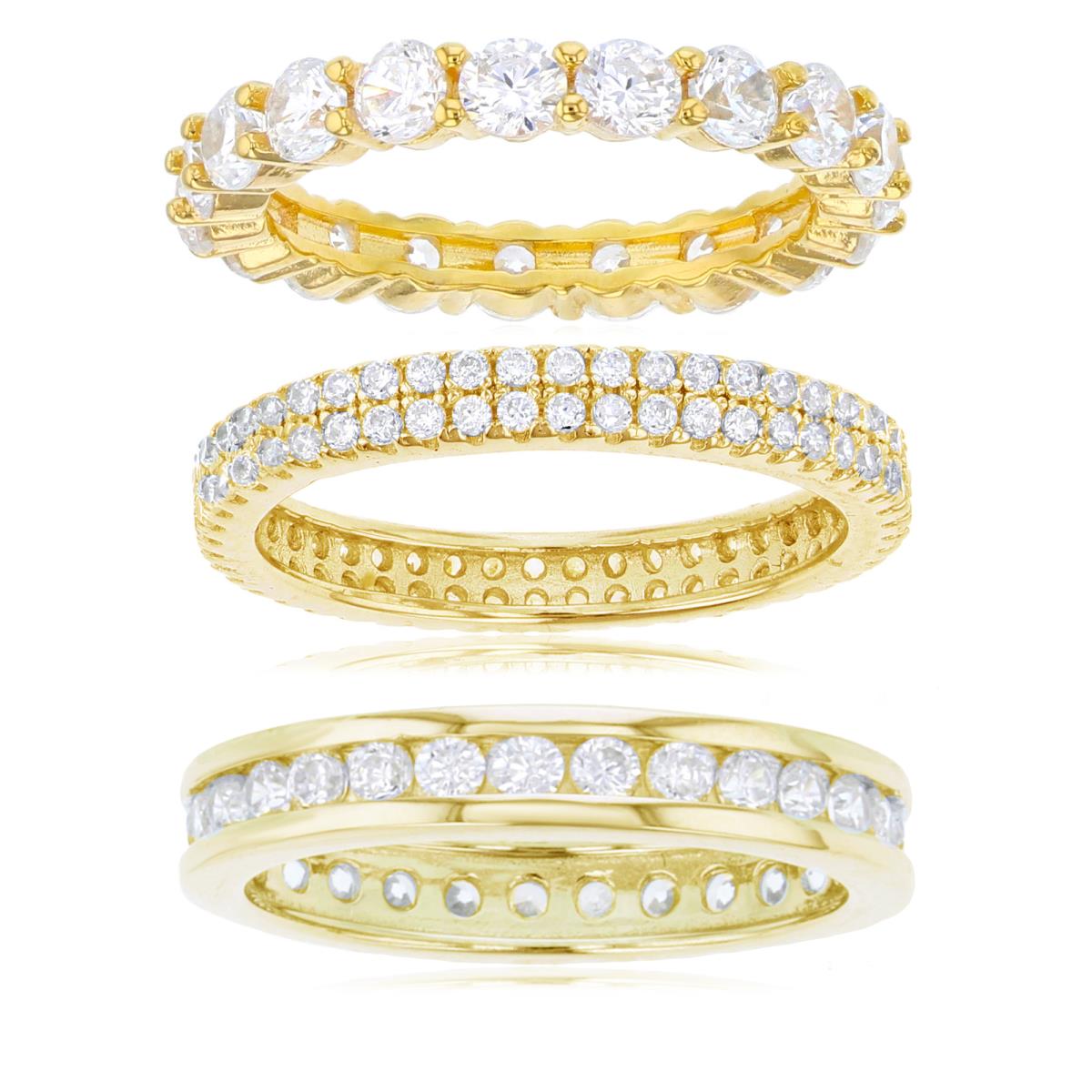 Sterling Silver Yellow 3mm Rd, Baguette & 2Row Eternity Ring Set of 3